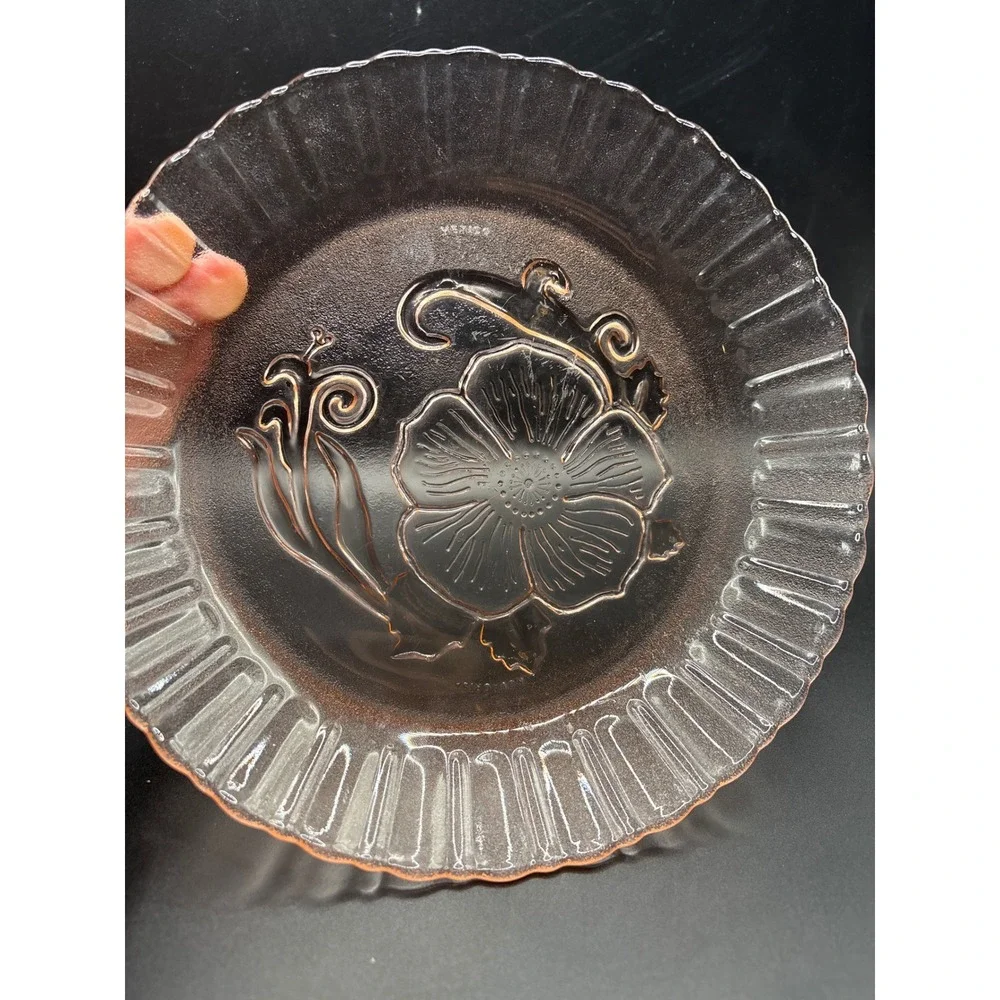 Vintage Pink Glass Bowls Plates Set of 4 Nova Crisa Mexico Hibiscus Floral Retro - Picture 3 of 6